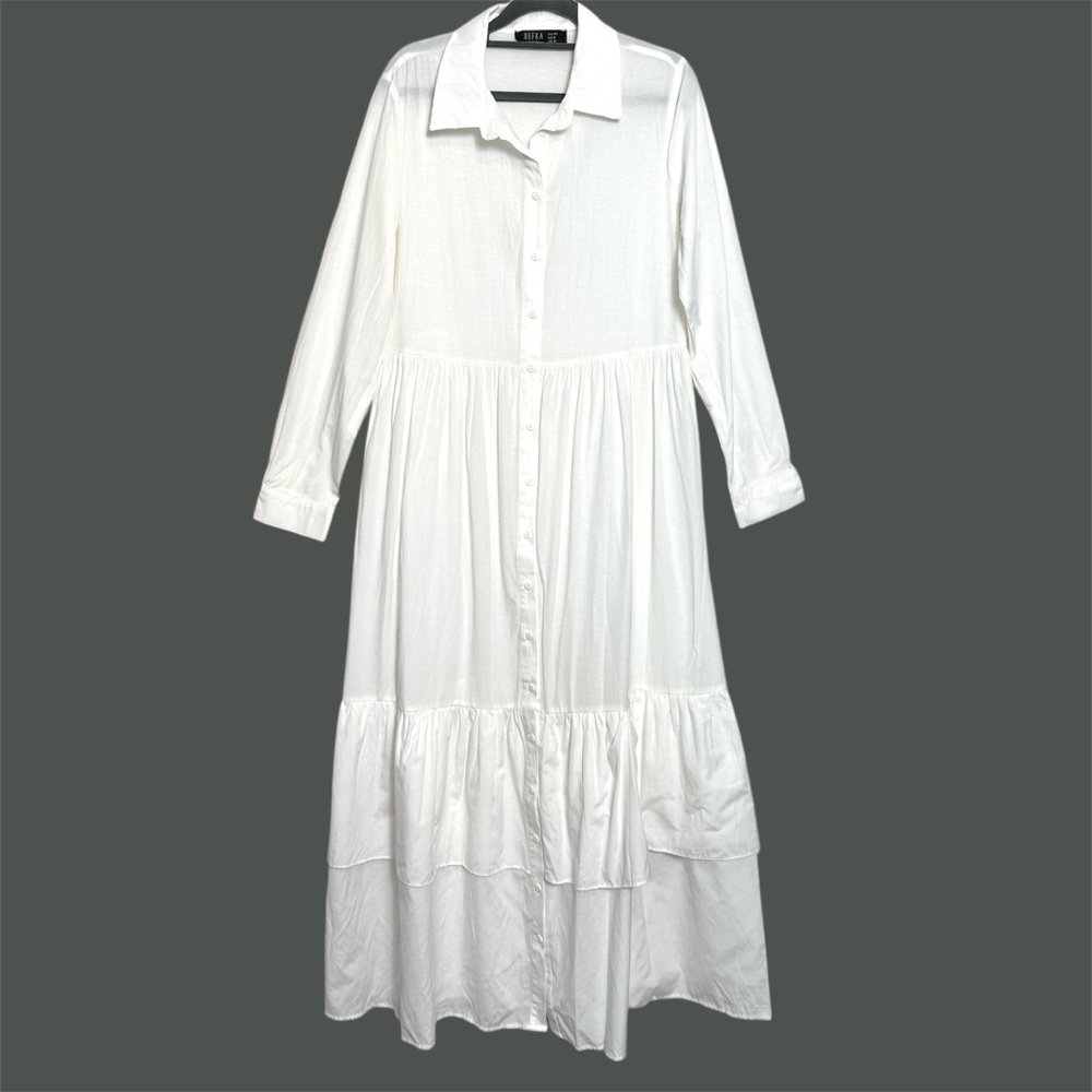 Refka White Tiered Maxi Shirt Dress Boho Cottagecore Prairie Minimalist Size 8